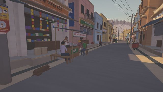 A cel-shaded small-town market street in the afternoon